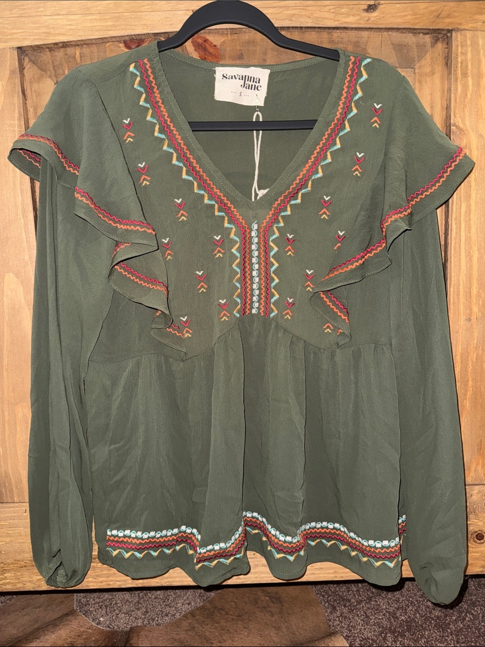 Savanna Jane Olive Embroidered V-Neck Boho Top with Multicolor Trim